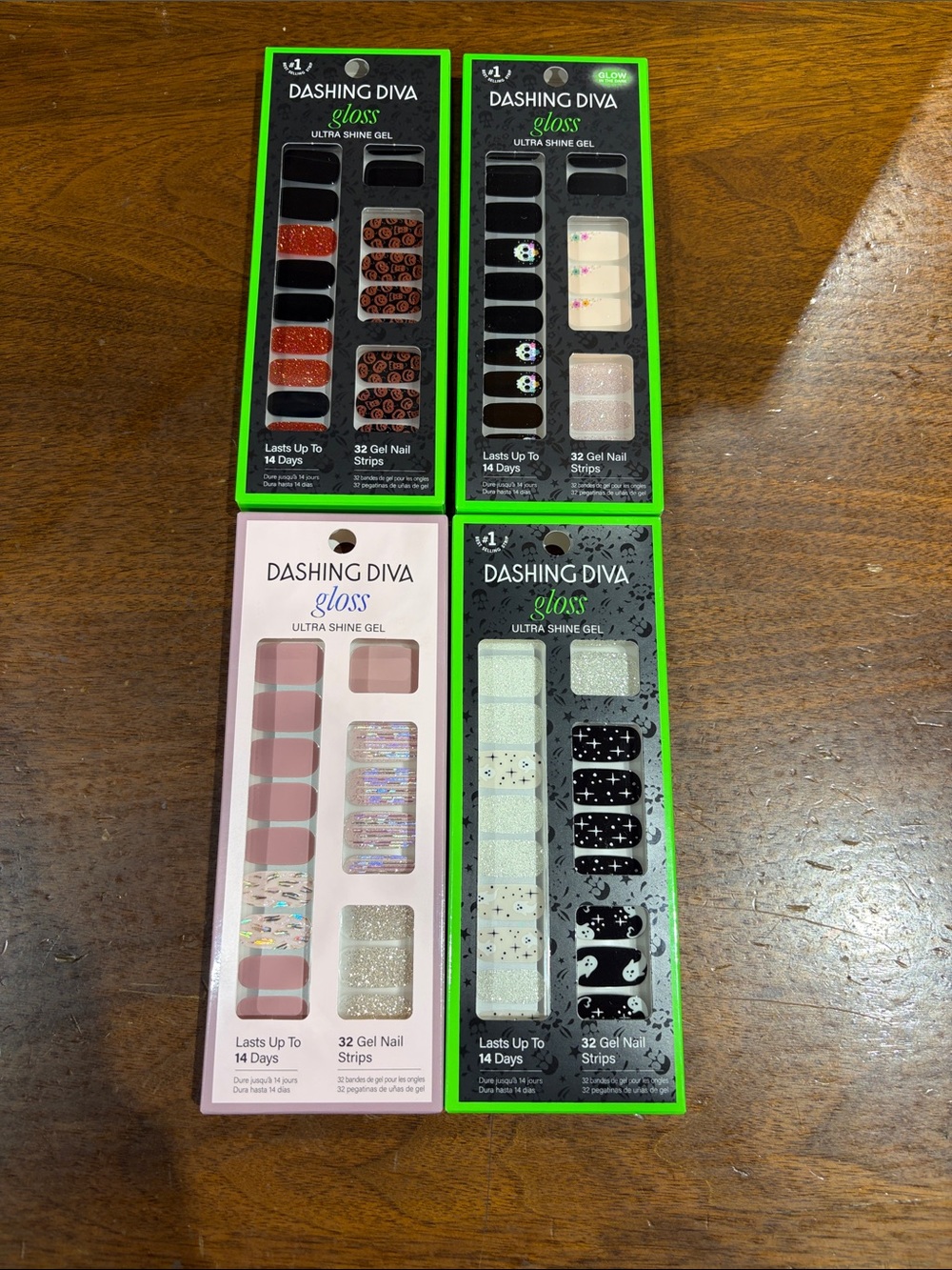 Dashing Dive Gloss Nail Strips Variety Pack - Black, Pink, White, Green Accents.